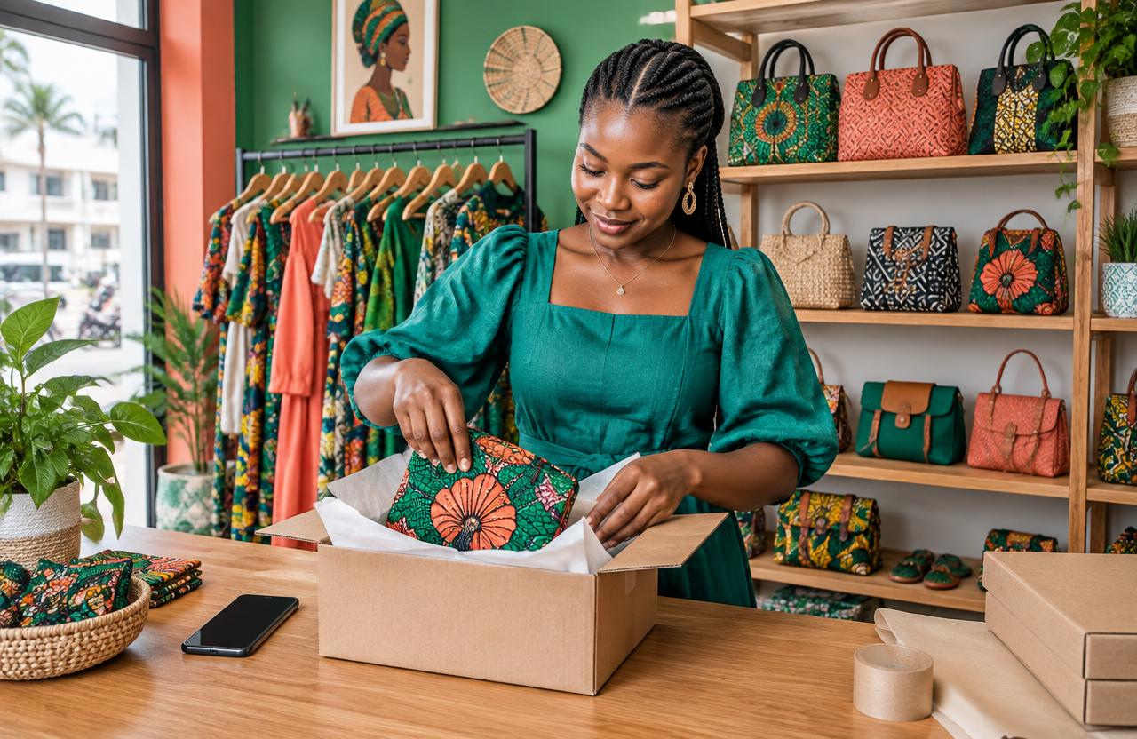 Une commerçante prépare une commande de sa boutique